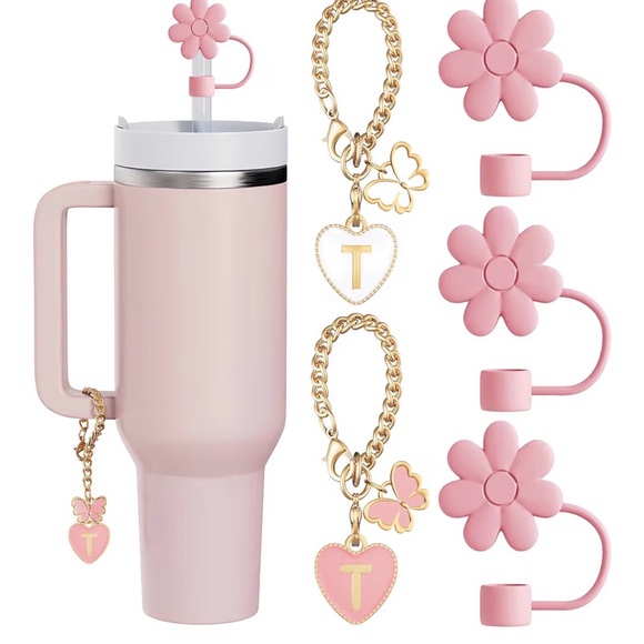 Other - Kids Pink Travel Tumbler with Flower Straw Cap & Heart Charm